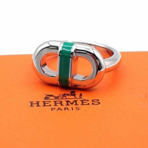 HERMES Logo Maillon Ring Size T60 SS Lacquer Silver Green  HERMES Logo Maillon Ring Size T60 SS Lacquer Silver Green H100043FJ8360 70LC613